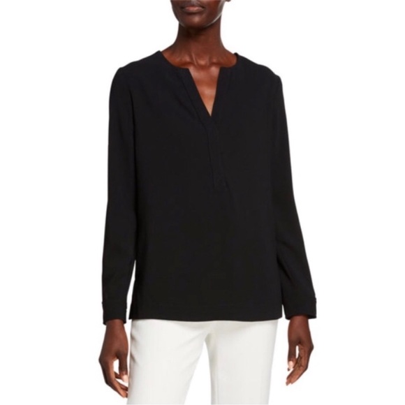 Trina Turk Black Blouse Hermosillo Tunic Split Neck Long Sleeve Gold Button Sz L - Picture 1 of 11